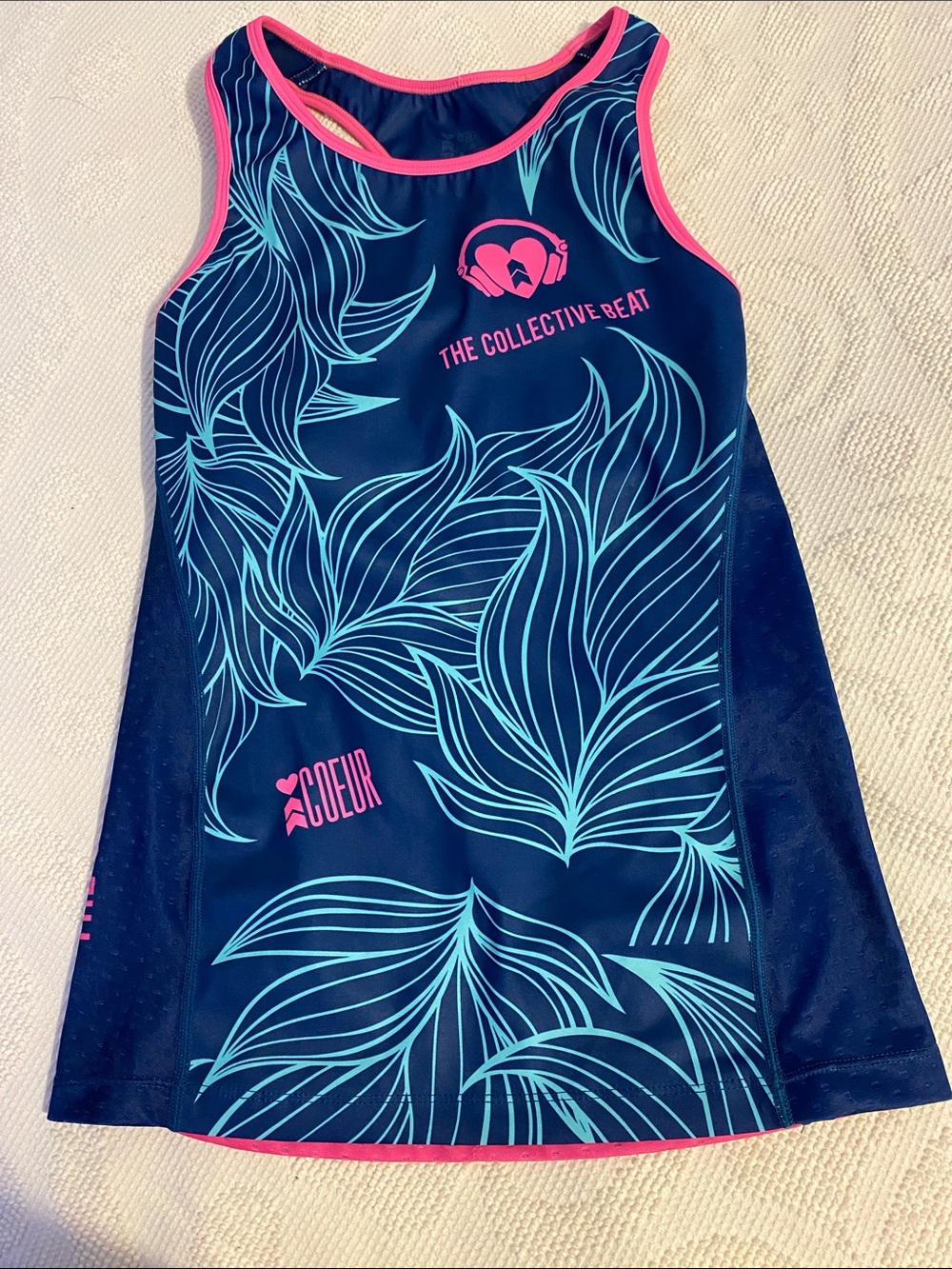 Coeur Collective Beat Women's Navy Tank Top with Aqua Leaf Print and Pink Trim